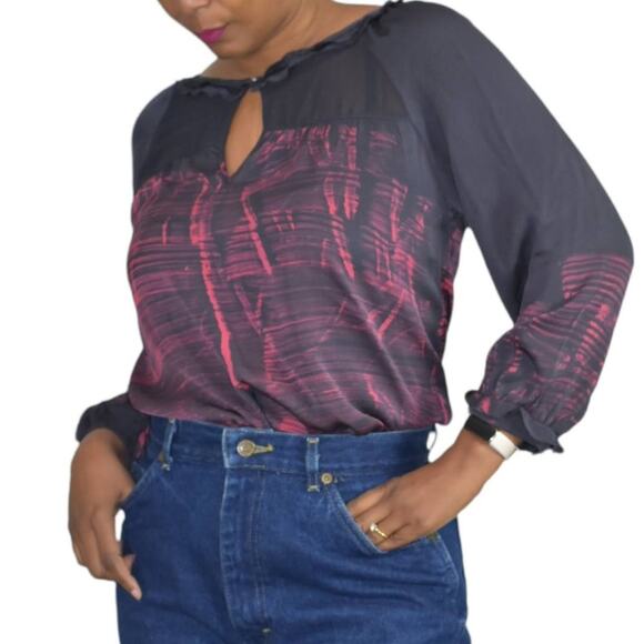 Gypsy 05 Silk Blouse Black Tunic Keyhole Ruffle Collar Top Tie Dye Boho Size XS - Picture 12 of 15